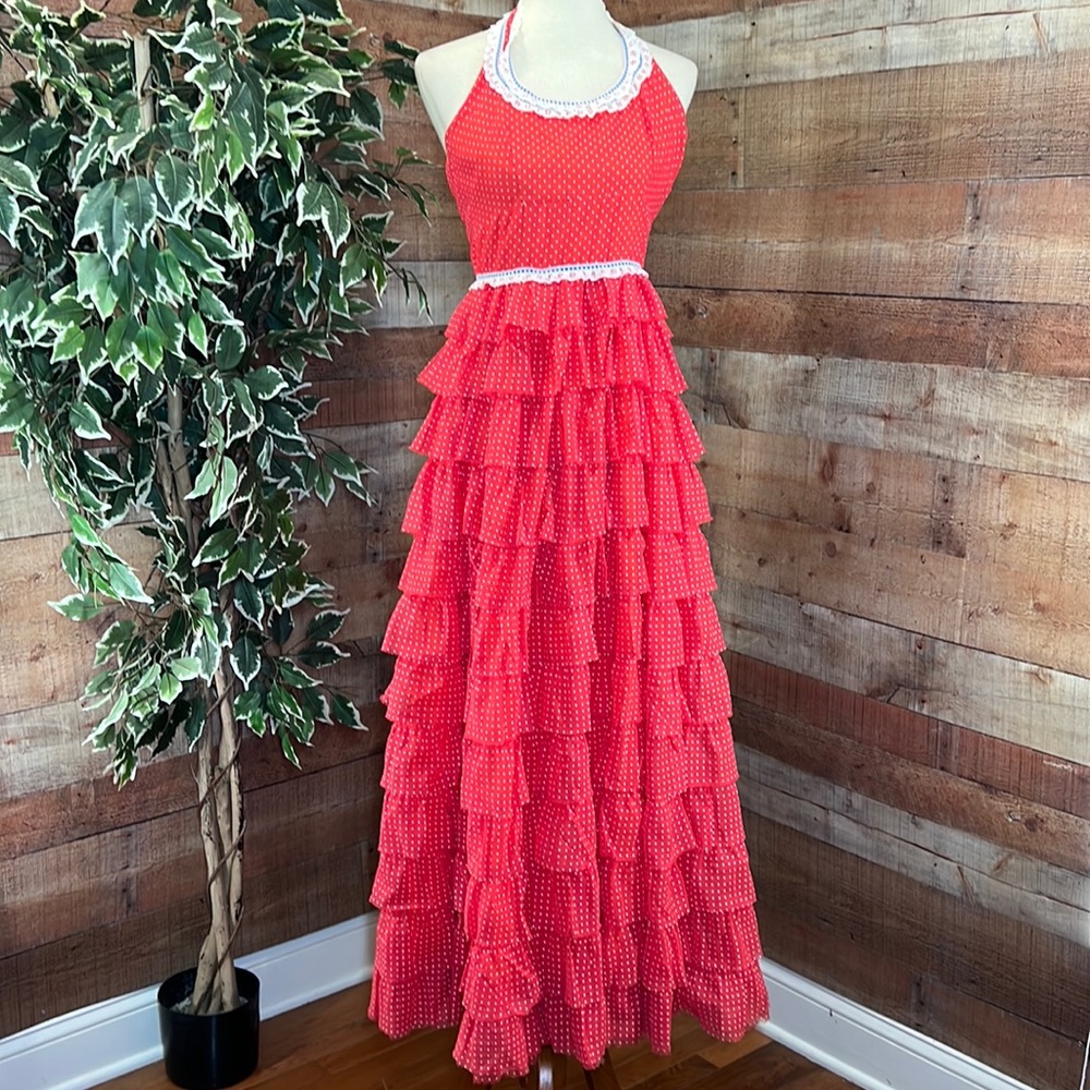 NADINE VINTAGE Red Polka Dot Lace Collar Haler Tiered Dress